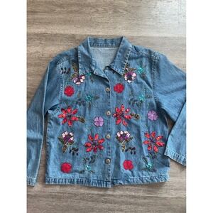 Vintage Tantrums (NO TAG) Embellished Denim Jacket Floral Sequins Beads Women's